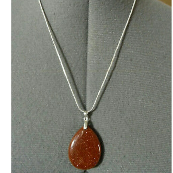 New GOLDSTONE Pendant & Silver Necklace Set 925 Rust Gold flecked jewelry Pretty - Picture 2 of 5